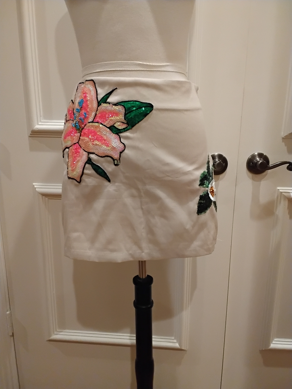 Fashion Nova Cream Mini Skirt with Pink Floral Sequin Appliqué